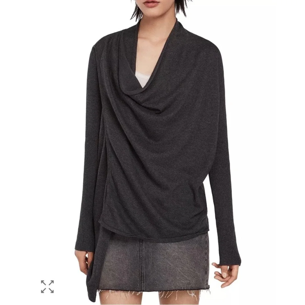 ALLSAINTS Black Charcoal Asymmetrical Drina Drape Cardigan Sweater Size 4